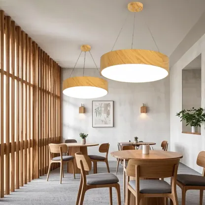 Modern Circular Wood LED Chandelier with Adjustable Height  Image - 2