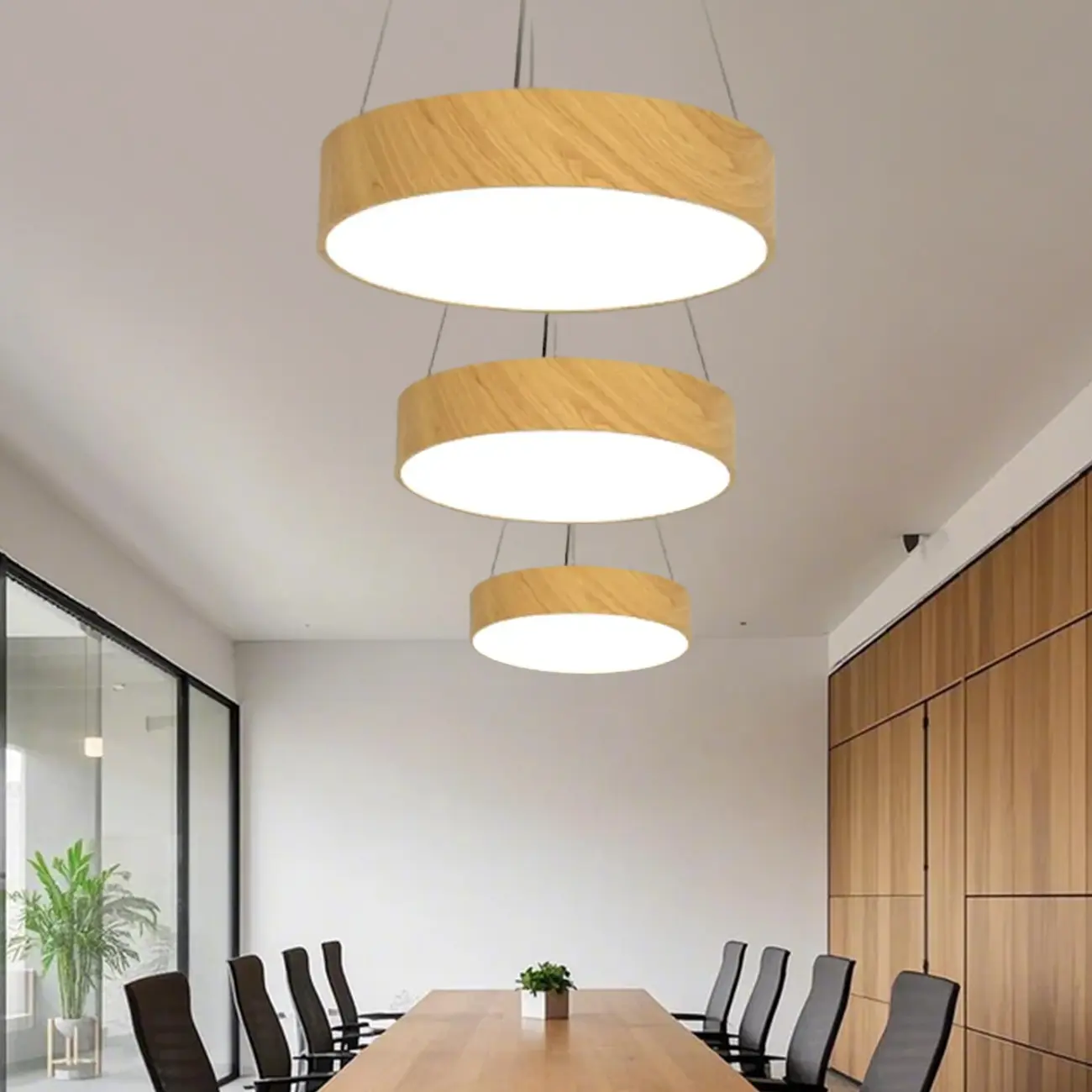 Modern Circular Wood LED Chandelier with Adjustable Height  Image - 3 | homeyfad