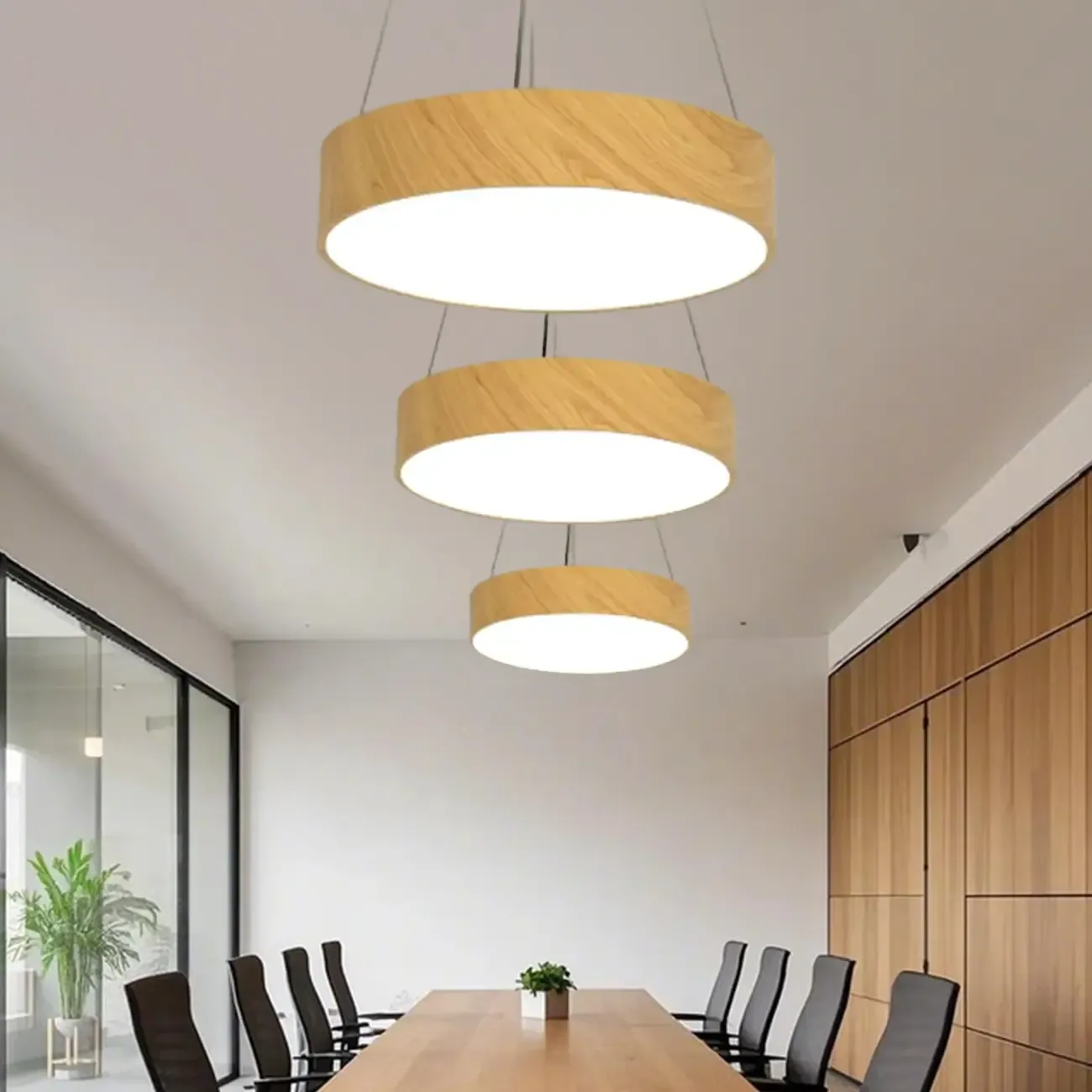 Modern Circular Wood LED Chandelier with Adjustable Height  Image - 3