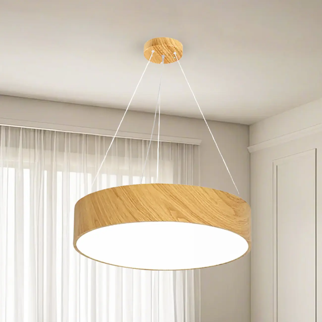Modern Circular Wood LED Chandelier with Adjustable Height  Image - 6 | homeyfad