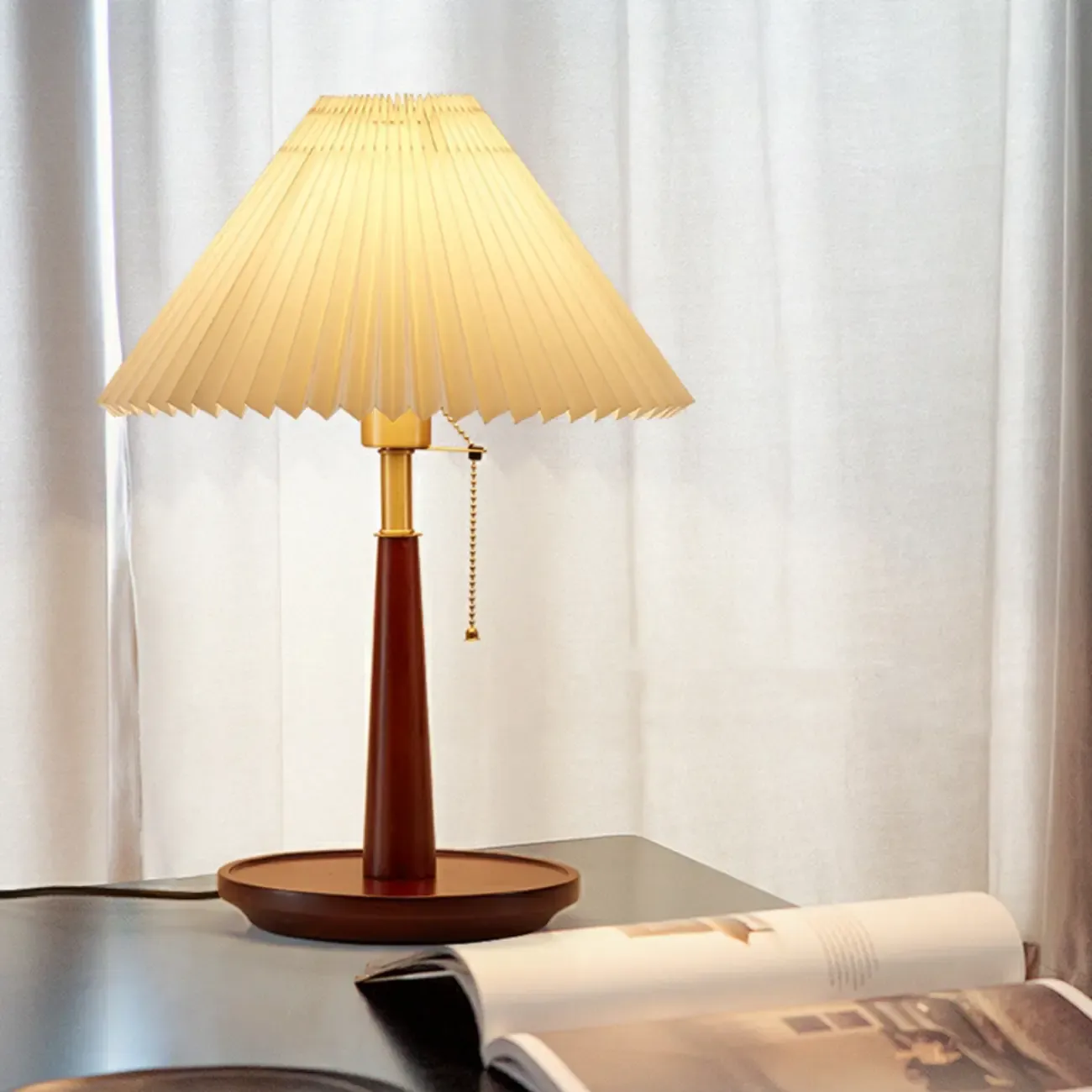 Elegant Metal Round Base Cone Fabric Shade Table Lamp Image - 3