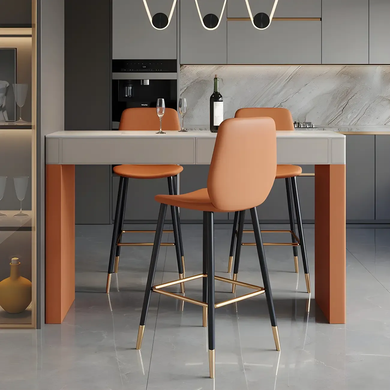 Modern Beige Orange Stone Top Wooden Drawer Bar Tables Image - 2