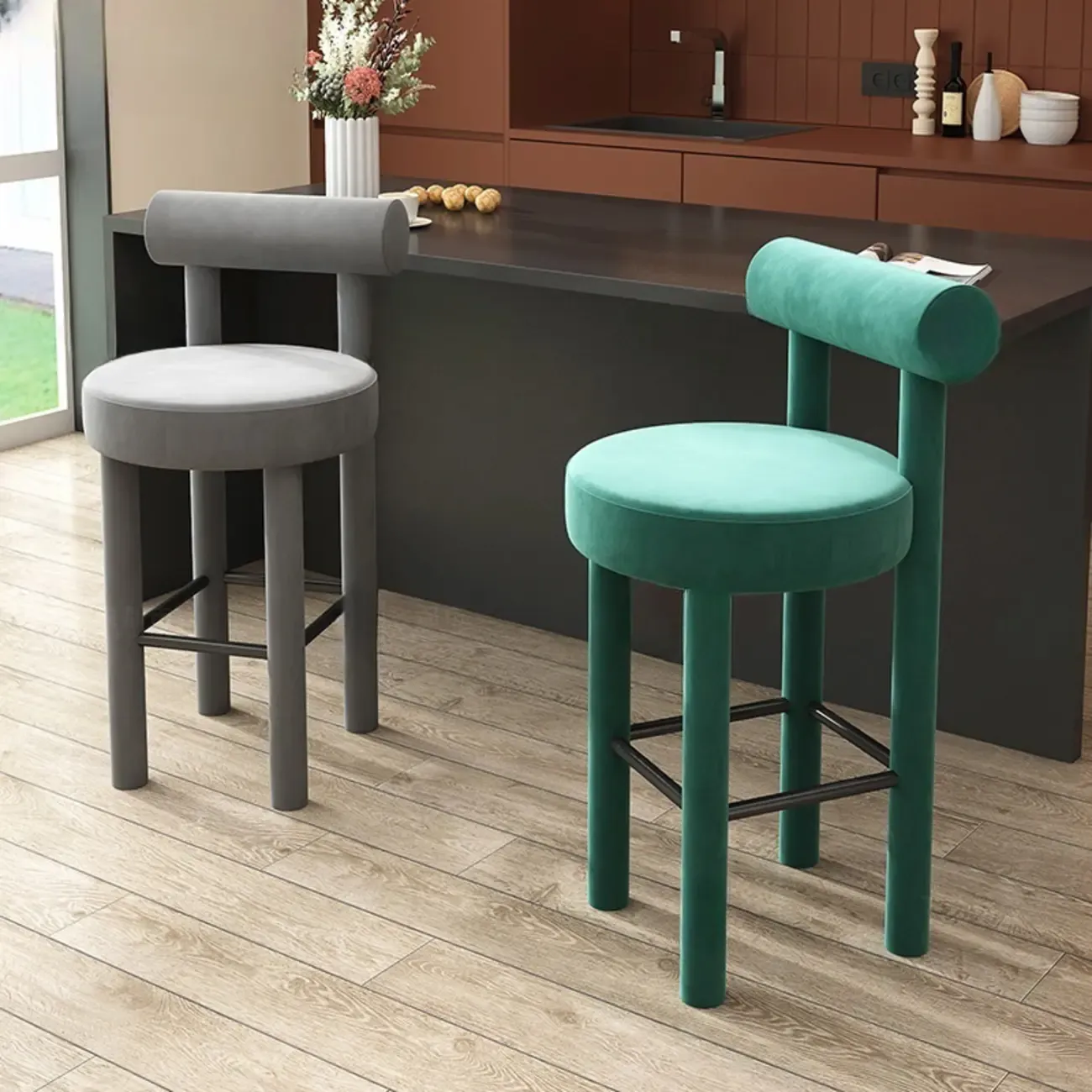 Multicolor Simple Round 4-Leg Upholstered Bar Stools Image - 3