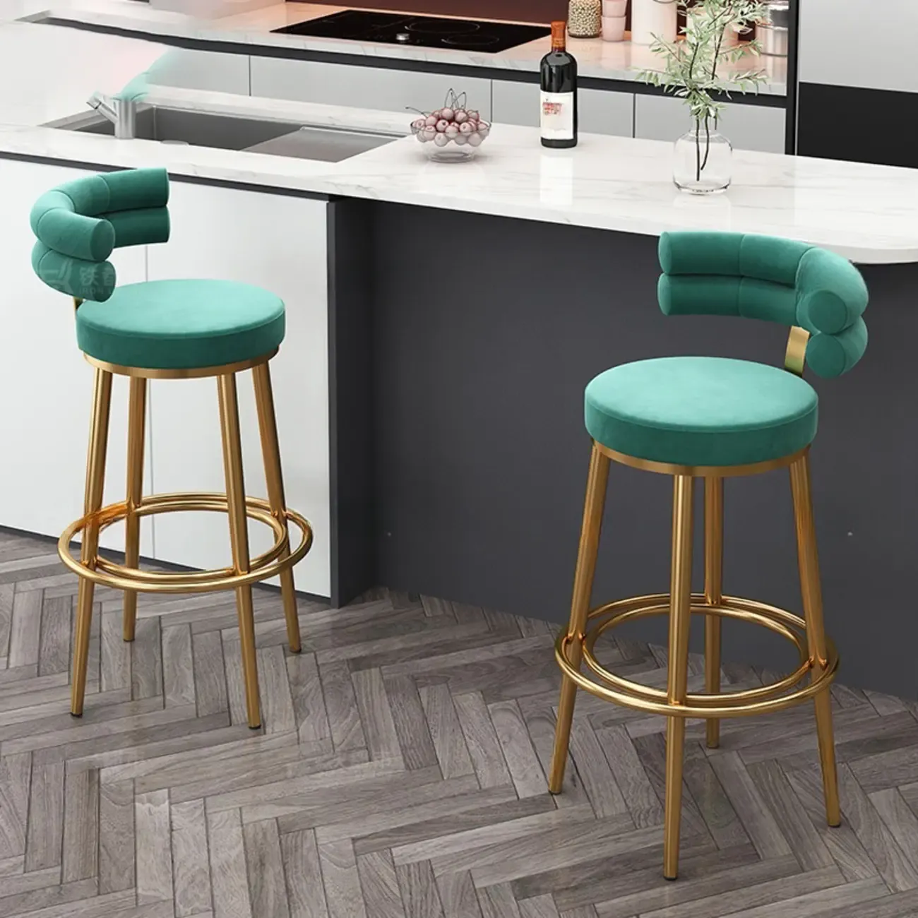 Gold Glam Round Bar Stool with Low Back and Footrest Image - 2