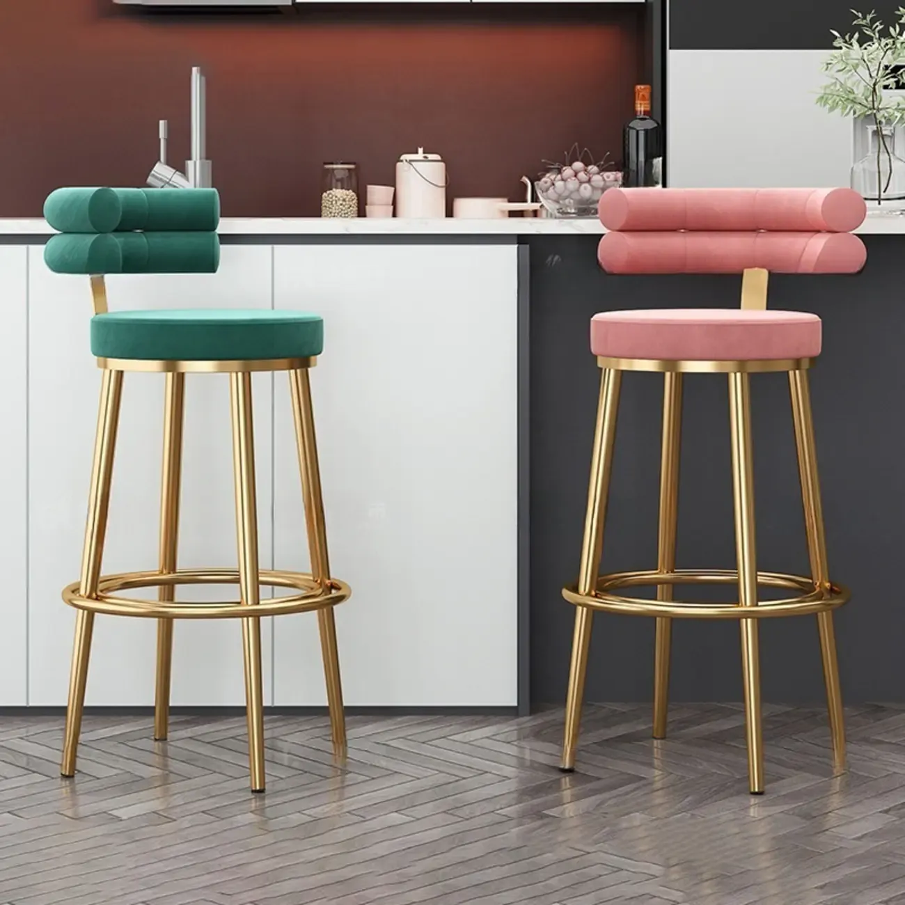 Gold Glam Round Bar Stool with Low Back and Footrest Image - 3