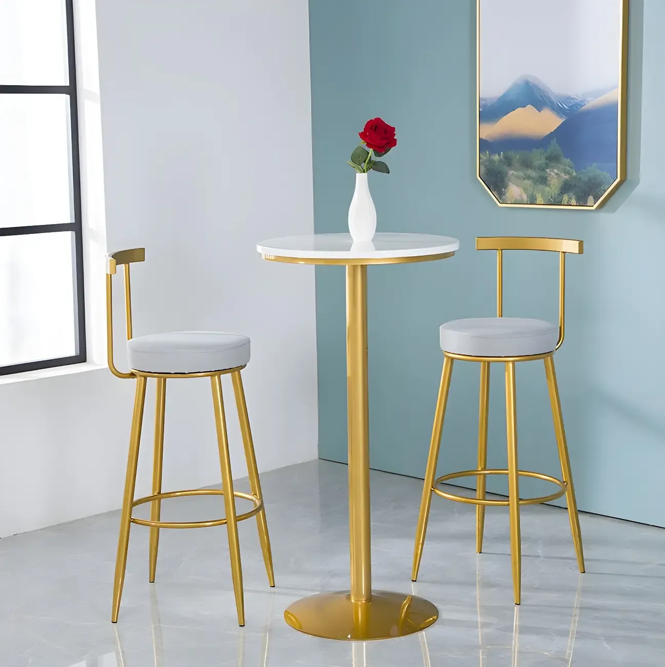 Glam White Faux Marble Golden Metal Trestle Bar Tables Image - 4