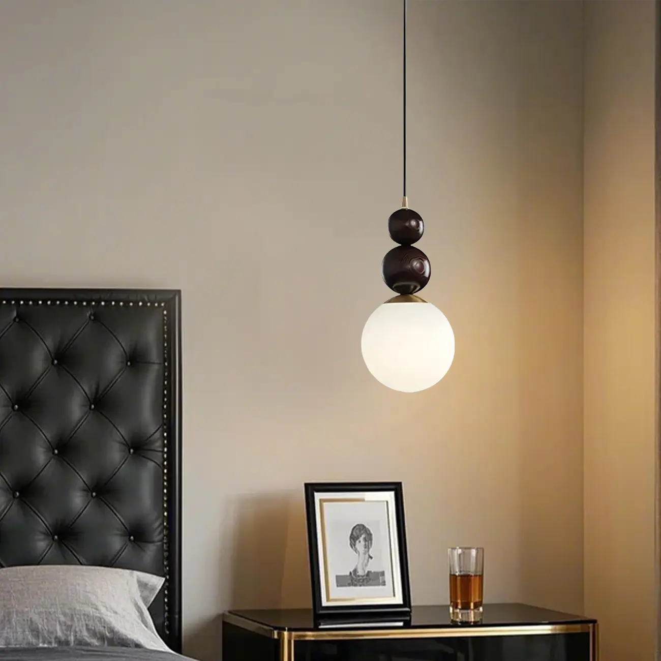 Modern White Glass Globe Pendant Light with Layered Black Bead Image - 1 | homeyfad