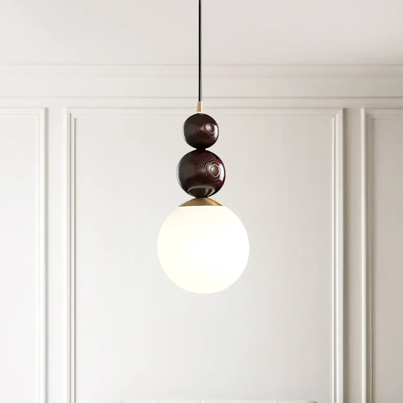 Modern White Glass Globe Pendant Light with Layered Black Bead Image - 2