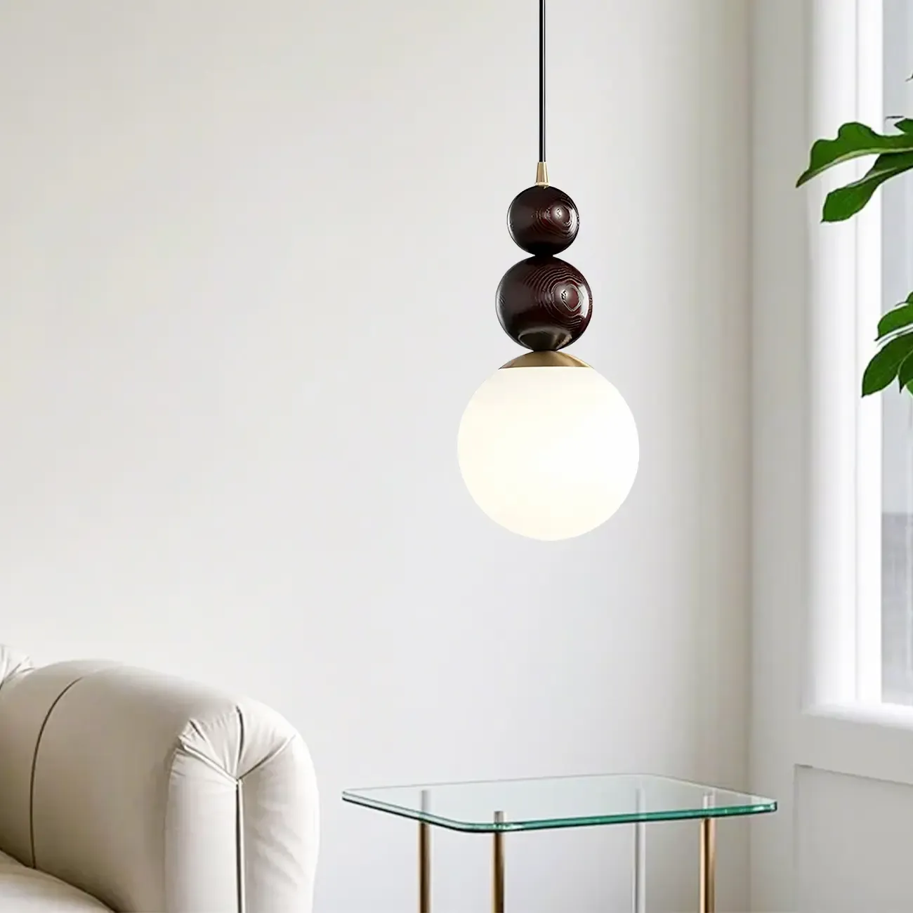 Modern White Glass Globe Pendant Light with Layered Black Bead Image - 3
