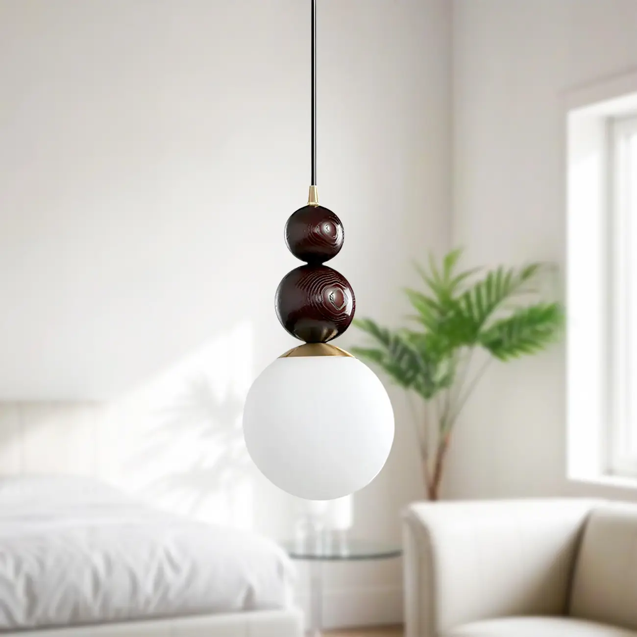 Modern White Glass Globe Pendant Light with Layered Black Bead Image - 4 | homeyfad
