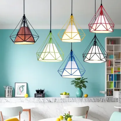 Modern Colorful Cone Pendant Lamp with Diamond Frame for Living Room Image - 1