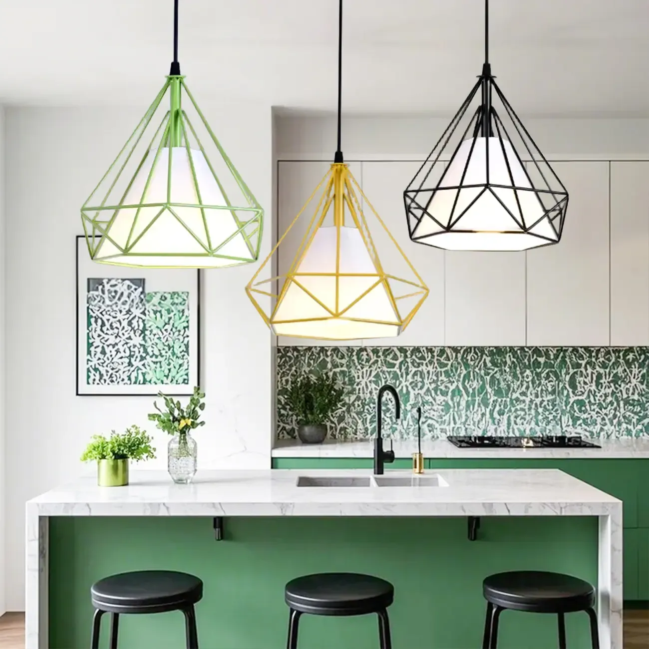 Modern Colorful Cone Pendant Lamp with Diamond Frame for Living Room Image - 2