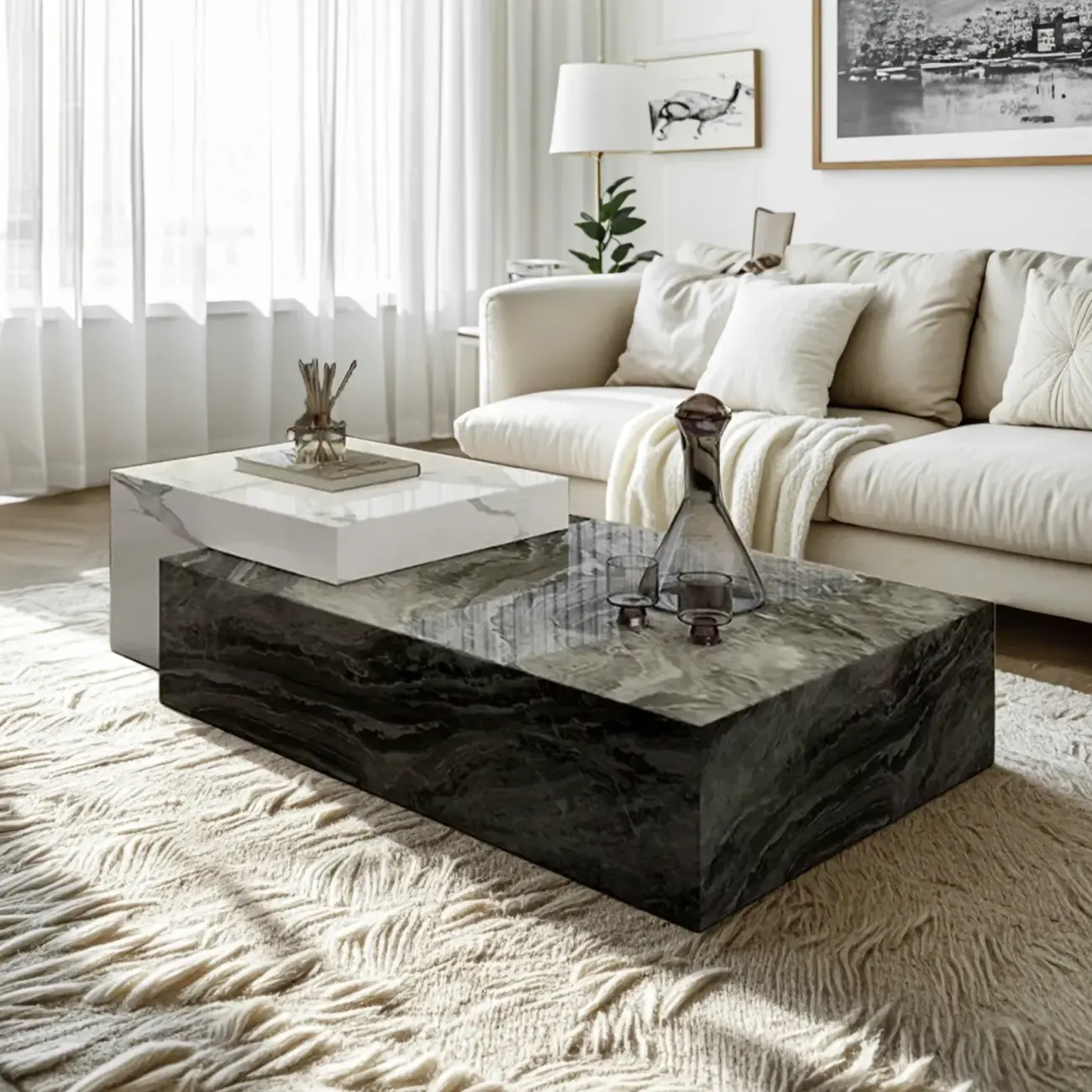 Low Rectangular Marble Block Modish Coffee Table Image - 1