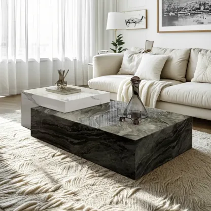 Low Rectangular Marble Block Modish Coffee Table Image - 1