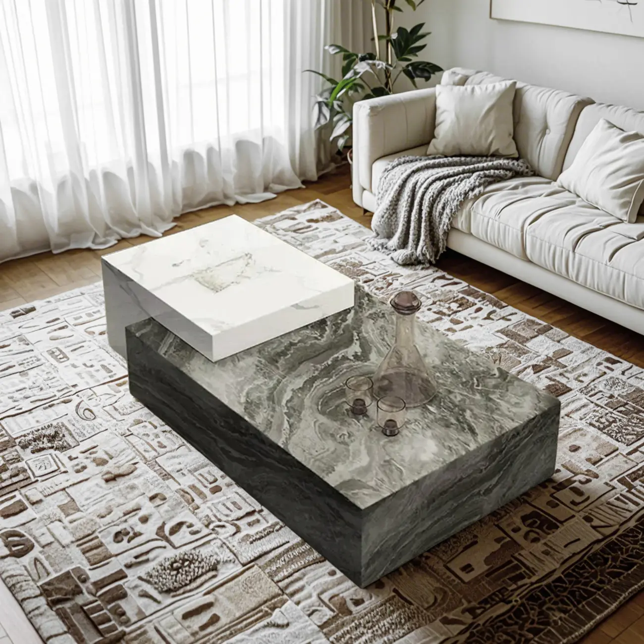 Low Rectangular Marble Block Modish Coffee Table Image - 3 | homeyfad