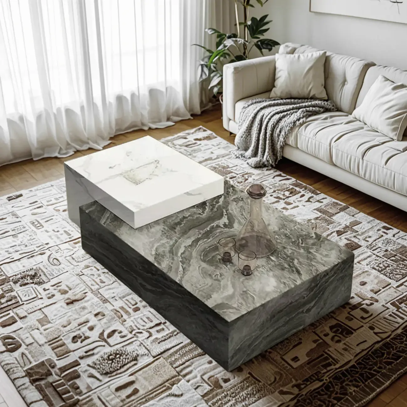 Low Rectangular Marble Block Modish Coffee Table Image - 3