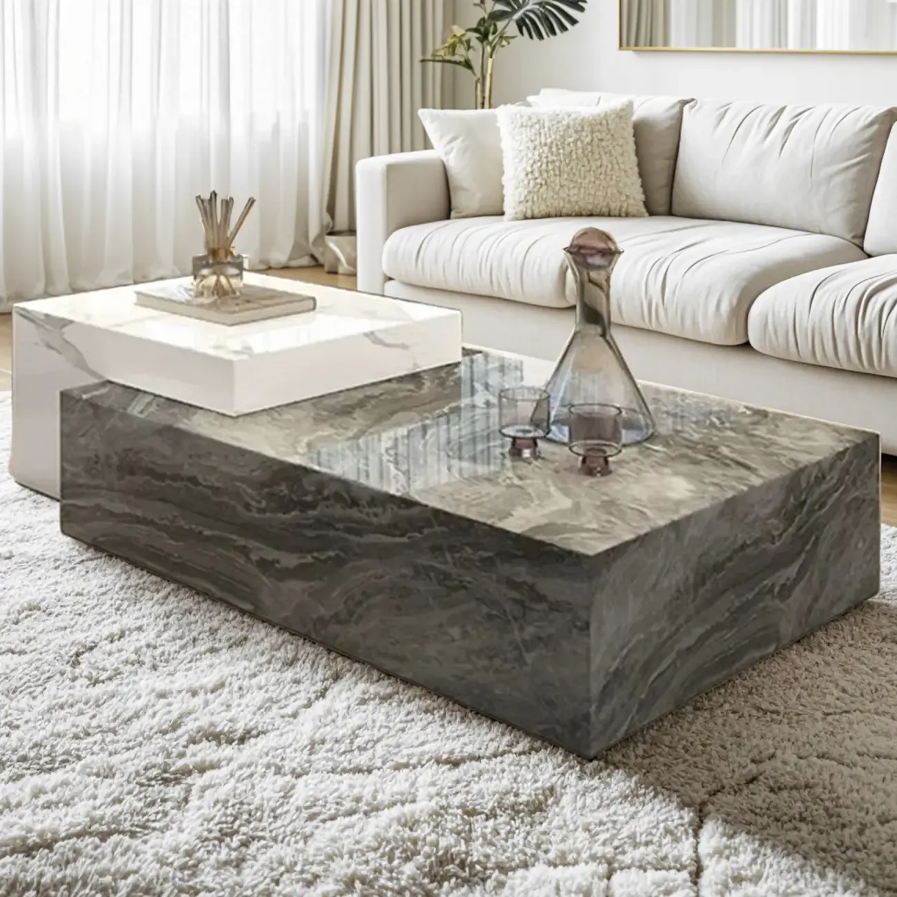 Low Rectangular Marble Block Modish Coffee Table Image - 8