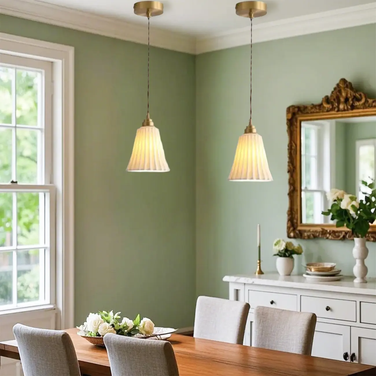 Elegant Cylinder Lampshade White Ceramic Pendant Lamp for Bedroom Image - 2 | homeyfad