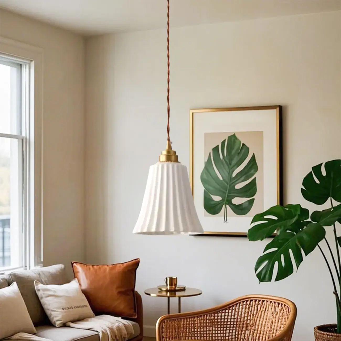 Elegant Cylinder Lampshade White Ceramic Pendant Lamp for Bedroom Image - 3 | homeyfad