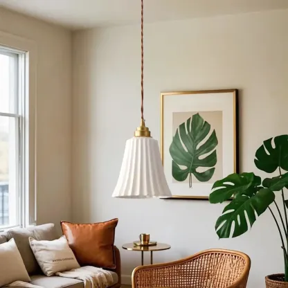 Elegant Cylinder Lampshade White Ceramic Pendant Lamp for Bedroom Image - 3