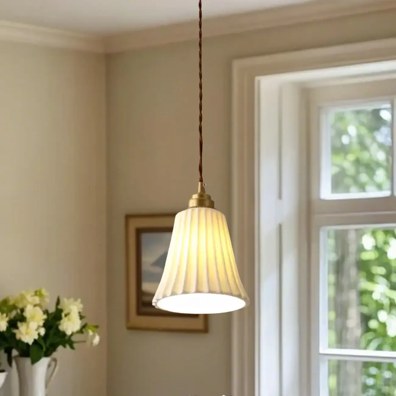 Elegant Cylinder Lampshade White Ceramic Pendant Lamp for Bedroom Image - 4