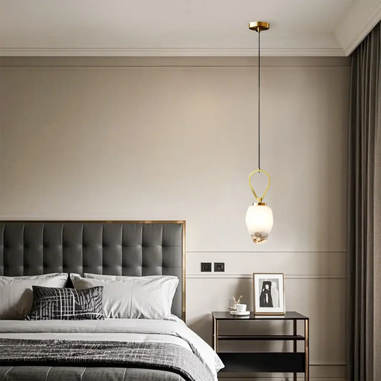 White Glass Pendant Light with Long Cord for Bedside Image - 1 | homeyfad