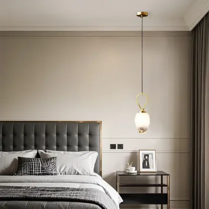 White Glass Pendant Light with Long Cord for Bedside Image - 1