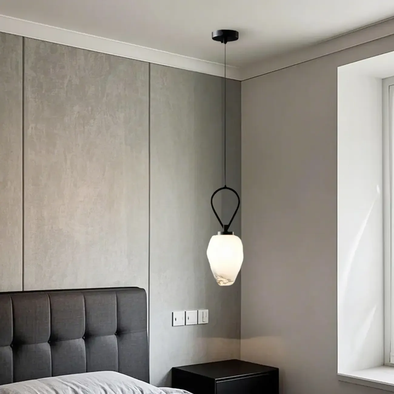 White Glass Pendant Light with Long Cord for Bedside Image - 2