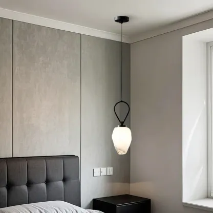 White Glass Pendant Light with Long Cord for Bedside Image - 2