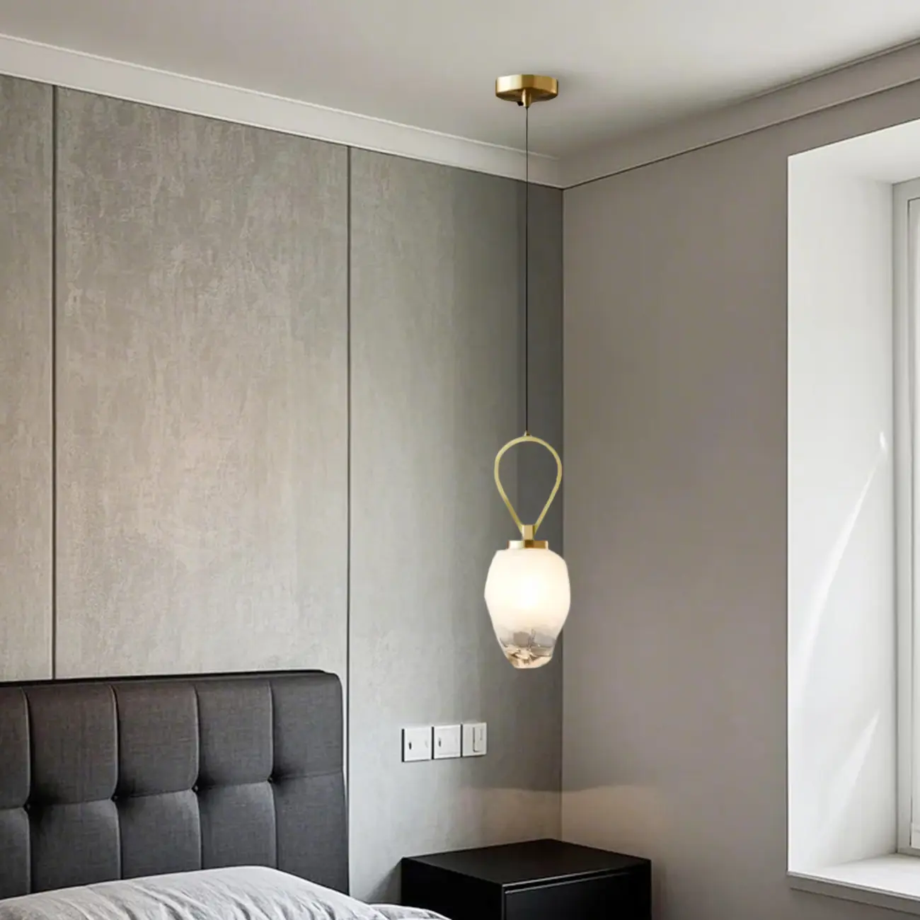 White Glass Pendant Light with Long Cord for Bedside Image - 3 | homeyfad