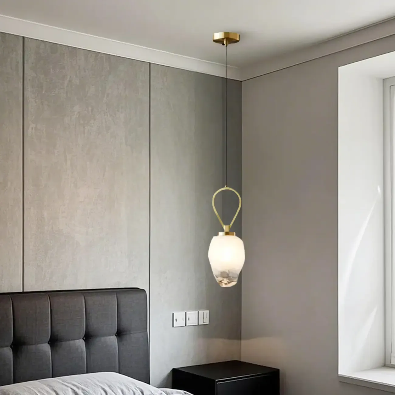 White Glass Pendant Light with Long Cord for Bedside Image - 3
