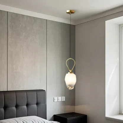 White Glass Pendant Light with Long Cord for Bedside Image - 3