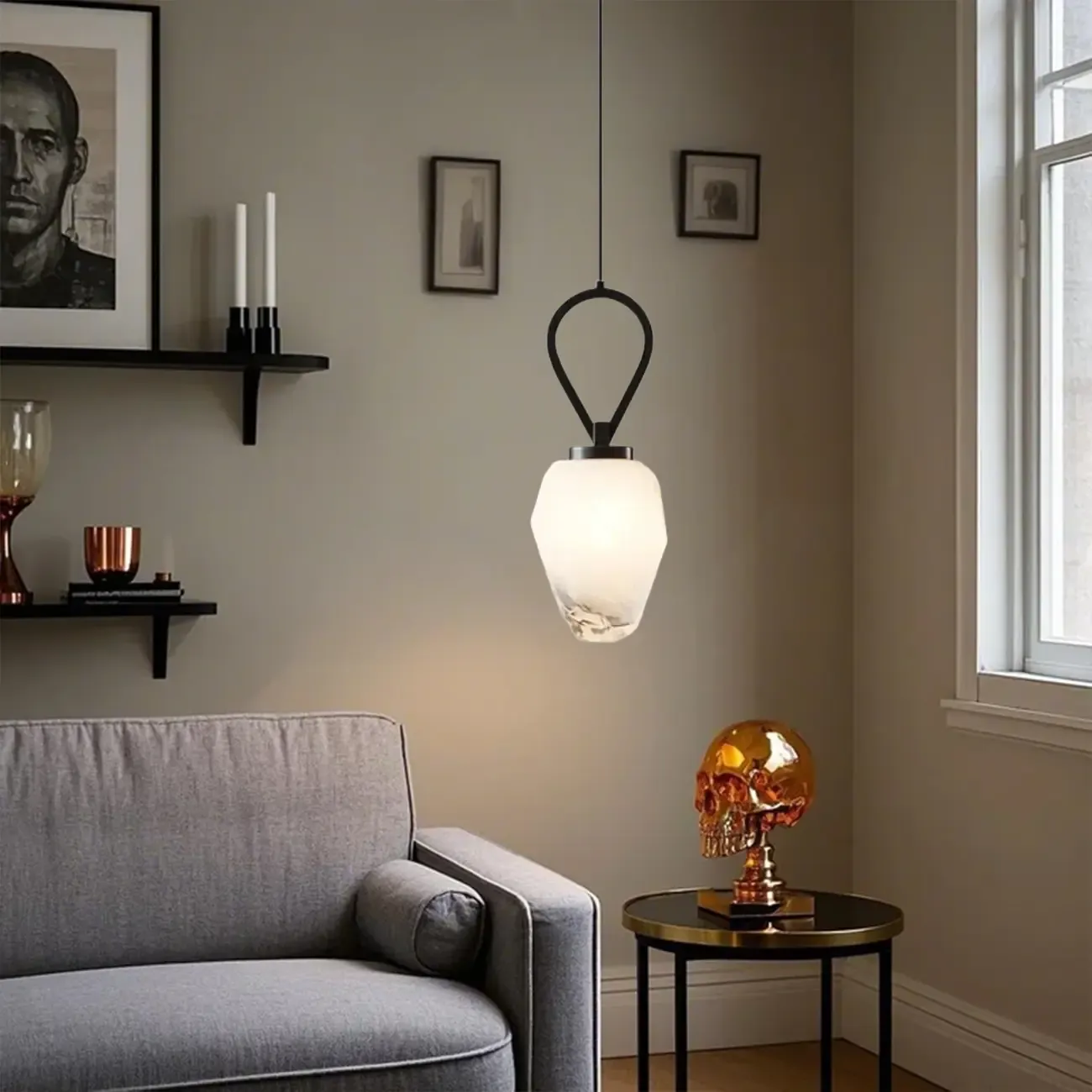 White Glass Pendant Light with Long Cord for Bedside Image - 4