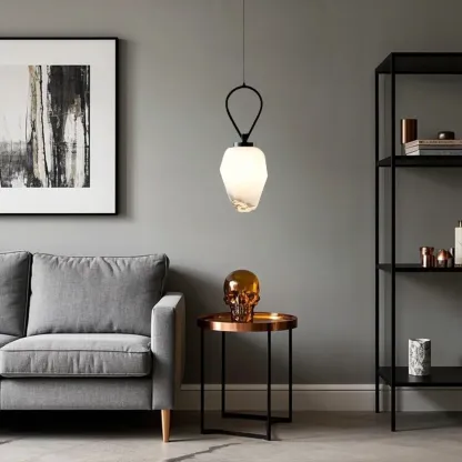White Glass Pendant Light with Long Cord for Bedside Image - 5