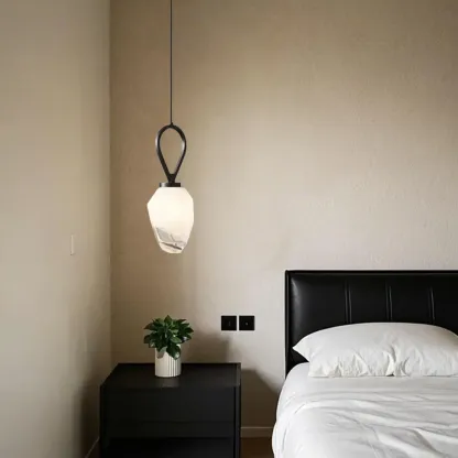 White Glass Pendant Light with Long Cord for Bedside Image - 6