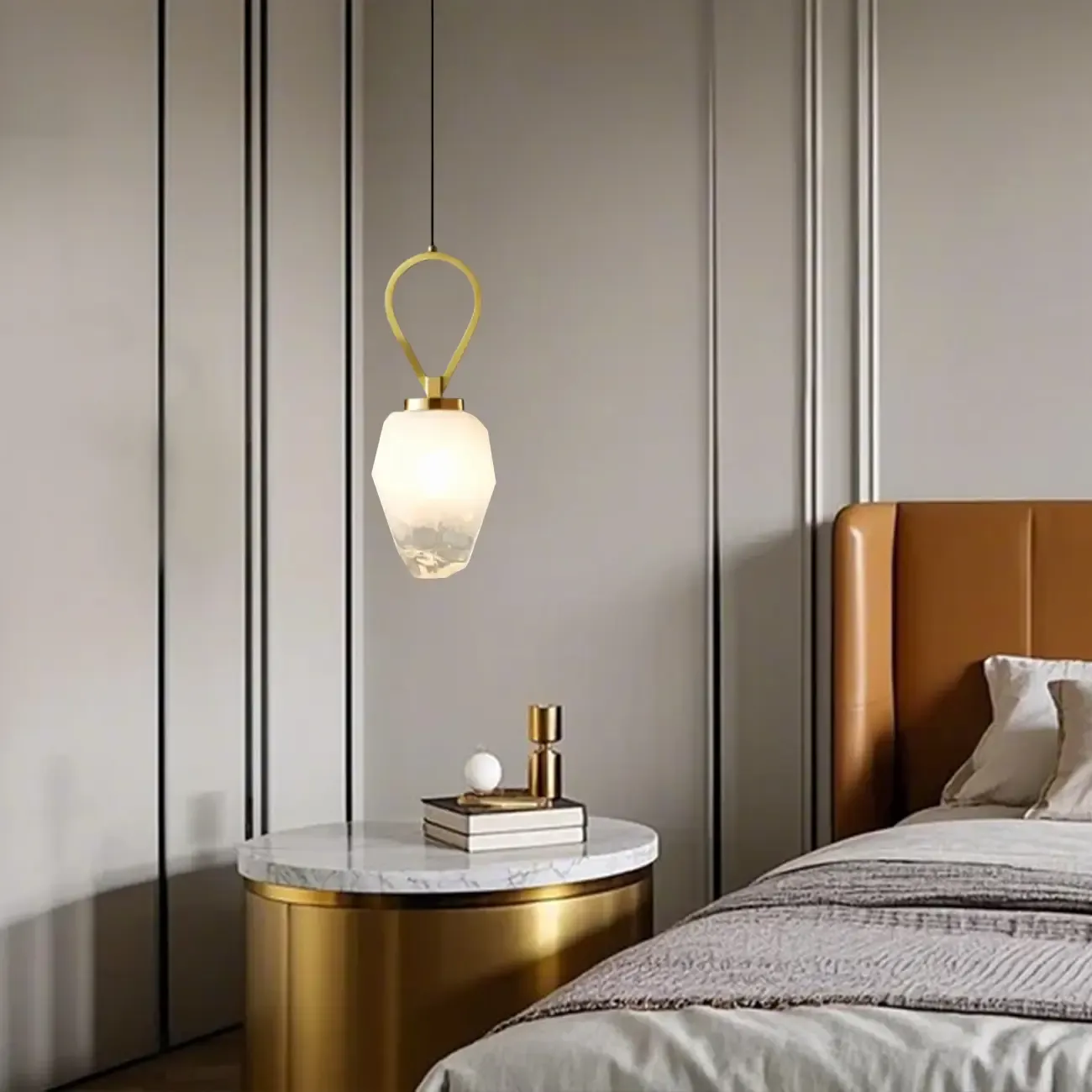 White Glass Pendant Light with Long Cord for Bedside Image - 13