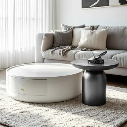 Beige Black Modern Round Drawer Coffee Table Image - 1