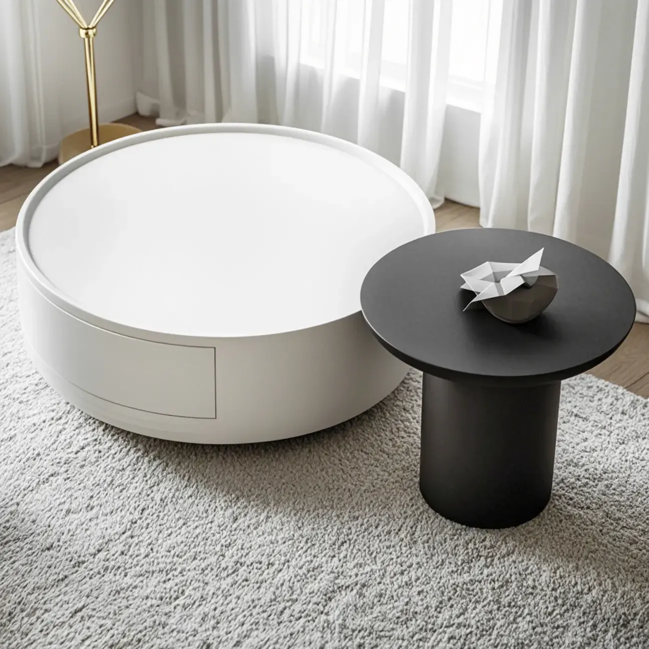 Beige Black Modern Round Drawer Coffee Table Image - 2
