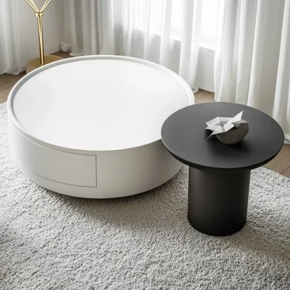 Beige Black Modern Round Drawer Coffee Table Image - 2