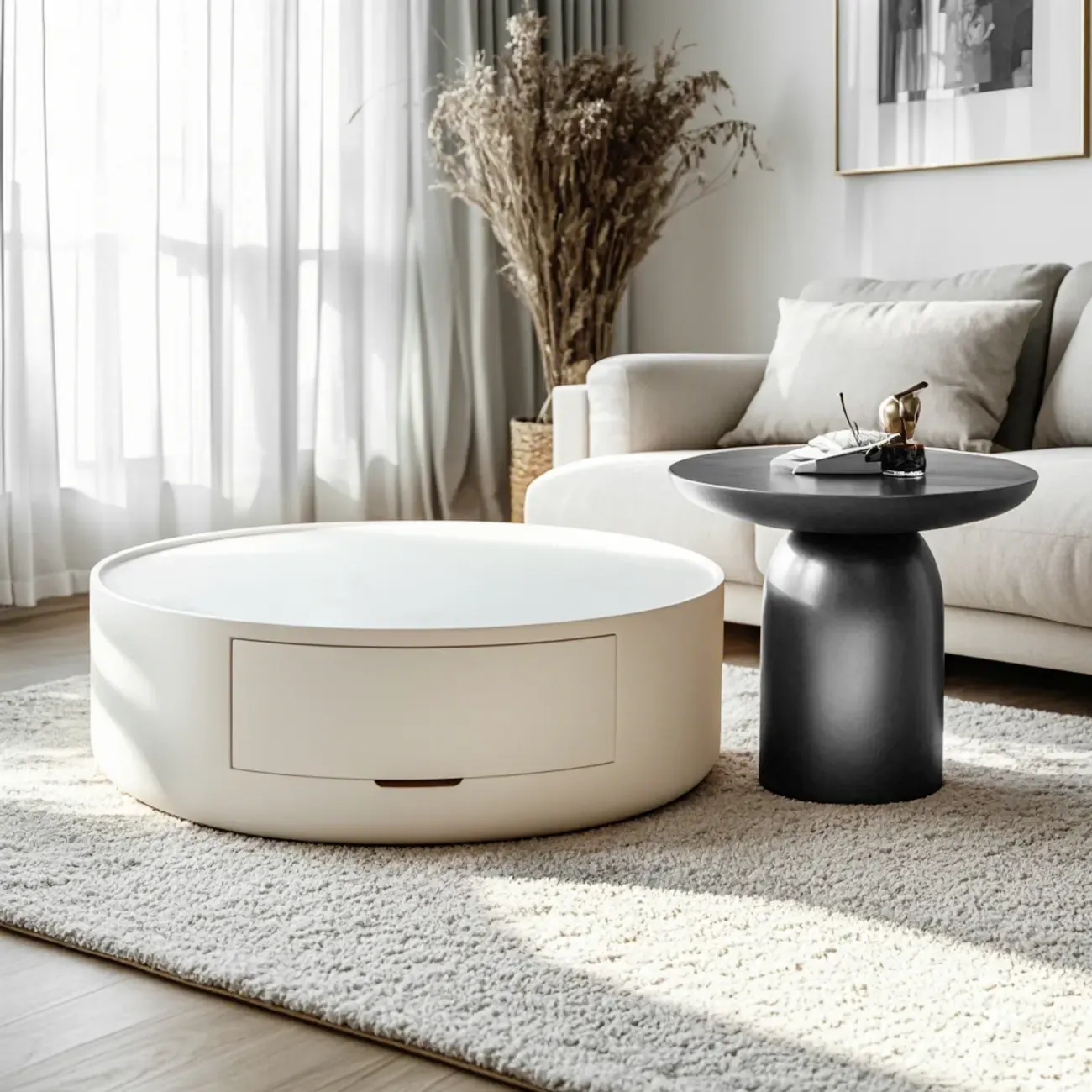 Beige Black Modern Round Drawer Coffee Table Image - 3