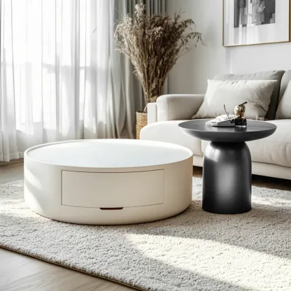 Beige Black Modern Round Drawer Coffee Table Image - 3