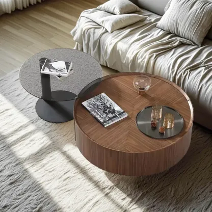 Brown Round Contemporary Wood Drawer Coffee Table Image - 1