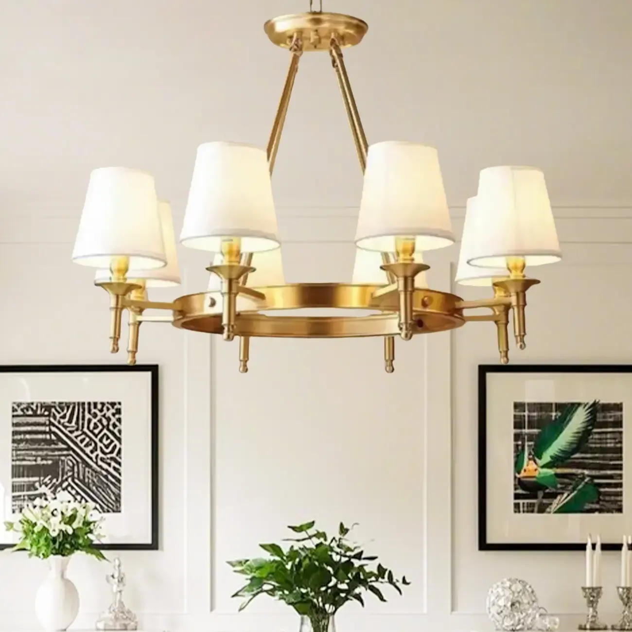 Vintage Gold Round Chandelier with Fabric Cone Lampshade Image - 1