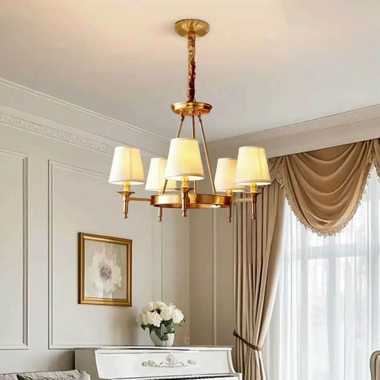 Vintage Gold Round Chandelier with Fabric Cone Lampshade Image - 2