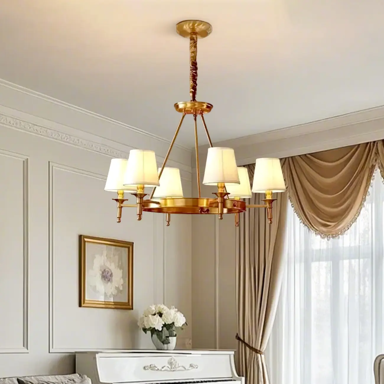 Vintage Gold Round Chandelier with Fabric Cone Lampshade Image - 3 | homeyfad