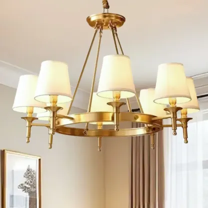 Vintage Gold Round Chandelier with Fabric Cone Lampshade Image - 4