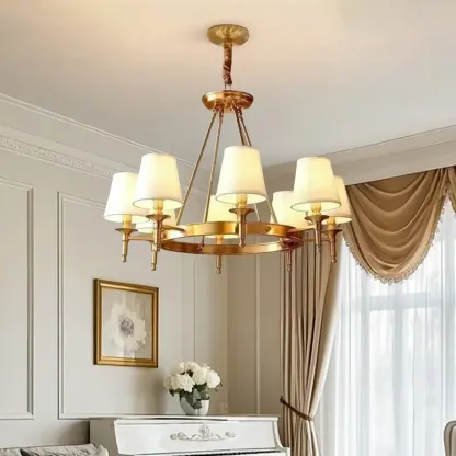 Vintage Gold Round Chandelier with Fabric Cone Lampshade Image - 5