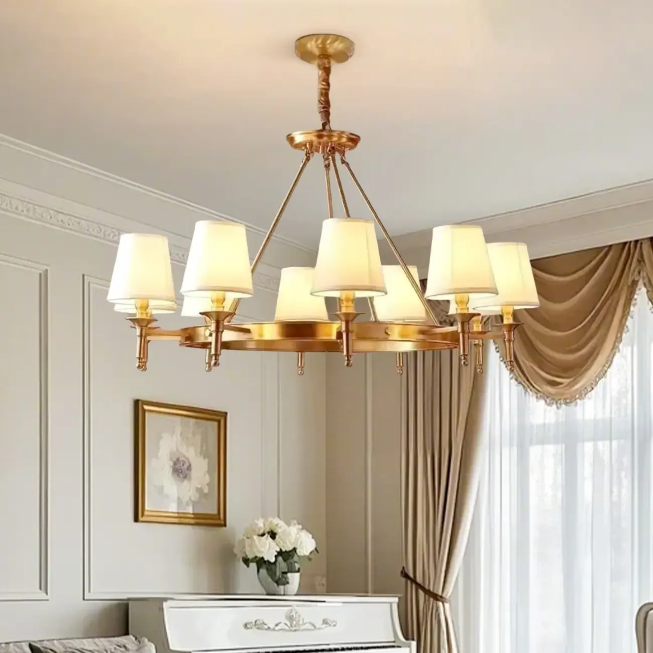 Vintage Gold Round Chandelier with Fabric Cone Lampshade Image - 7