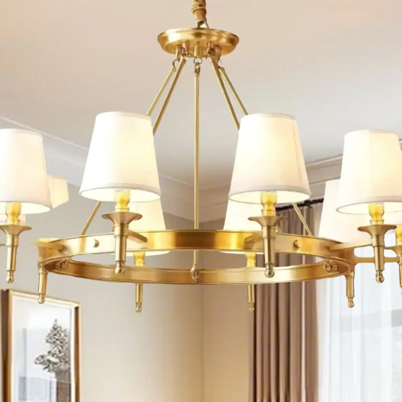 Vintage Gold Round Chandelier with Fabric Cone Lampshade Image - 8