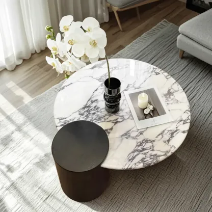 Elegant White Marble Round Wood Coffee Table Image - 1